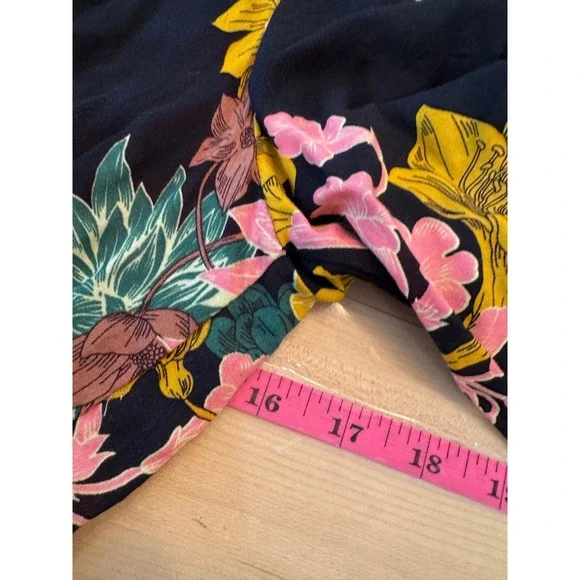 Floral Rayon V-Neck Button Front Dress Black Multi Smocked Waist Tassel Size M - Picture 6 of 7